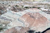 Mondgestein  Am nächsten Morgen stehen wir zeitig auf, denn wir wollen an der ersten Tour im "Parque Provincial Ischigualasto" teilnehmen. Nach dem Frühstück fahren wir 30 km wieder zurück auf der Strecke, auf der wir gestern gekommen sind und biegen an dem etwas irreführenden Schild "Valle de la Luna" auf die Zuwegung zum Parkeingang. Schließlich halten wir vor einer Straßenschranke, hinter der sich ein musealer Gebäudekomplex erstreckt, auf einem riesigen Parkplatz, der potentiell mehreren hundert Besuchern Platz böte. Wir sind tatsächlich die Ersten und bevor wir endlich unsere Tickets an den Eingangsschaltern in Empfang nehmen, haben wir bereits eine umfassende Aufklärung über das uns erwartende Prozedere bekommen: 10 min. vor Beginn der Tour an der inneren Schranke parken, IMMER (!!!) in der Kolonne bleiben, keine Felsen, Füchse oder Guanacos mitnehmen, beschädigen oder verunglimpfen, etc., etc...  Während wir im Auto auf dem Parkplatz warten, kommt es auf dem naheliegenden Hügel zu einem verstörenden Zeremoniell. Eine Gruppe von Parkmitarbeitern strömt aus den Büros zusammen, versammelt sich um einen Fahnenmast und unter ergriffener Anteilnahme wird die argentinische Landesflagge gehisst! Haben die keine Regenbogenfahne...???