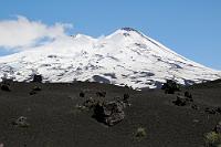 Volcán Llaima  Am Morgen beim Aufbruch aus Temuco mit unserer 'Suzie', dem leider völlig fehlreservierten Suzuki-Kleinstwagen, sah es noch ziemlich durchwachsen aus. Je näher wir dem Conguillío Nationalpark kamen, desto enger schmiegten sich dicke Wolken an das aufsteigende Gelände. Fast hatten wir uns schon damit abgefunden, von dem hochgelobten Nationalparkspanorama so gut wie nichts mitzukriegen, begannen sich die ersten Sonnenstrahlen durch die immer dünner werdende Nebelschicht zu bohren. Es dauerte dann auch nicht mehr lange, bis sich der Llaima majestätisch über die umgebenden Lavafelder erhob – beste Voraussetzungen für eine weitere Durchquerung des Parks.  Leider hatten wir die Rechnung ohne unser Auto gemacht. Nur wenige Kilometer weiter fuhr es sich in der Wasserrinne eines aufsteigenden Wegstücks so fest, dass uns nur noch ein Umkehren auf dem gleichen Weg übrigblieb.