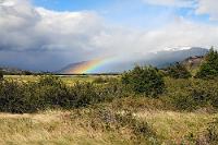 Nur zum Teilbogen...  ...reicht es meist im windzerzausten Patagonien. Während auf der einen Seite noch die Sonne scheint, hinter einem bereits Bewölkung aufzieht, ist es daneben schon kräftig am Regnen. Dabei bläst der Wind so heftig in die Tropfen, dass nur noch Gischtfahnen übrig bleiben, in denen Regenbogenartefakte ein nur kurzes Dasein genießen.