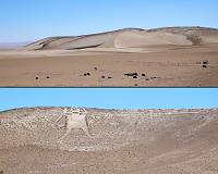 Von vorne / von hinten  Kurz bevor man von Colchane aus dem Hochland kommend auf die Panamericana Richtung Iquique triff, erhebt sich rechts unweit der Strasse ein einziger Hügel in einer ansonsten völlig platten und vegetationslosen Wüstenei. Folgt man dem kurzen Zufahrtsweg, führt dieser im Bogen um den Hügel herum und offenbart auf der 'Rückseite' eine fantastische Geoglyphe. Obwohl der von Sanddünen malerisch umrahmte Cerro Unita nicht einmal 100 m Höhe erreicht, hat wohl die exponierte Lage die indigenen Ureinwohner zwischen dem 8. und 15. Jahrhundert veranlaßt, hier die mit 86 m Höhe weltweit größte Darstellung einer menschlichen Figur zu hinterlassen – den Gigante de Atacama. Aufgrund stilistischer Ähnlichkeiten zu  Geoglyphen der Paracas- und Nazcakultur  vermuten einige Forscher sogar weiter zurückreichende Einflüsse, womit die Figur evtl. noch Jahrhunderte älter ist.  Die einen sehen in der Figur einen Herrscher, der durch seine Federkrone gekennzeichnet ist, andere hingegen wollen die Darstellung einer Indio-Gottheit erkennen, welche hier als astronomischer Kalender dient, der mit einer Mondpeilung über die (Federn-)Zacken hinweg Auskunft über die kurze Regenzeit gibt.  Hier sei ein Ausflug über den GeoTag zu Google Earth sehr empfohlen: Auf der Luftaufnahme kann man die Figur viel klarer und unverzerrter erkennen, als dies vom Boden aus möglich ist.