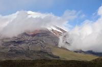 Der Hals des Mondes  Unten auf der Sierra machen wir an der Laguna de Limpios Halt, einem kleinen See, an dem einige Tauchenten und Riesenbläßhühner beheimatet sind. Immer noch wird der 5897 m hohe Gipfel des zweithöchsten Berges Ecuadors von dichten Wolkenfetzen umweht, doch ab und an gewährt uns der Wind dann doch einen nur sekundenlangen Blick auf den weißstrahlenden Gipfel und die von rötlichem Auswurf bedeckten Hänge. Eigentlich hatten wir gehofft, mit unserem Reisemonat von den guten Sichten im Hochland profitieren zu können, die meist mit der beginnenden Trockenzeit einhergehen. Bisher wollte sich das Wetter aber nicht so richtig unseren Wünschen fügen... : cotopaxi, laguna de limpios