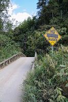 Nachvollziehbar  Alleine die Fahrt hinunter in den Ort ist bei strahlendem Sonnenschein ein serpentinales Erlebnis. Auf 7,5 km bauen wir 500 Höhenmeter ab, bis wir die Ortseinfahrt passieren. Schnell finden wir auch den Abzweig, welcher zum ersten ausgeguckten Wasserfall führt. Auf einer Talstraße folgen wir 3 km einem malerischen kleinen Flüßchen – nur um am Ziel festzustellen, dass sich die Sehenswürdigkeit (?) auf dem Gelände eines geschlossenen und verrammelten Campingplatzes befindet. Da es auch nicht den Anschein hat, wir würden etwas Lebenswichtiges versäumen, kehren wir um und nehmen die ohnehin aussichtsreichere Alternative in Angriff. Zum "Cascada Nambillo" führt eine deutlich ausgeschilderte Straße, deren Brückenüberführung uns allerdings auch erst nach näherer Inaugenscheinnahme davon überzeugt, diese wenigstens mit einem PKW ohne Unterbodendelle passieren zu können. : mindo, pichincha, cascada nambillo, cascada reina