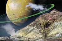 Terra Incognita  Auch wenn die drei seit 2140 im Orionarm der Milchstraße herumreisenden Forschungsschiffe als weitgehend autark konstruiert worden sind, benötigen sie nach jahrelanger Fahrt doch hin und wieder Rohstoffe. Dabei kann es sich um die Aufnahme von Wasserstoff mittels RAM-Trichtern aus den oberen Atmosphäreschichten von Gasriesen handeln, um die kontinuierliche Treibstoffversorgung des interplanetaren Antriebs sicherzustellen (wie es im vorhergehenden Bild eines solchen Tank-Durchflugs die "Aldrin" bei Alpha Scorpii dokumentiert), oder um die Gewinnung lebenswichtiger Ressourcen von der Oberfläche geeigneter Himmelskörper.  Obiges Foto erreichte 'Mission Control' im Spätherbst 2144. Aufgenommen wurde es von einem Crewmitglied der "Michael Collins" angelegentlich einer solchen Rohstoffexpedition auf dem Mond des 6. Planeten von HD33279, eines 789 pc von der Erde entfernten weißen Hauptreihensternes im Sektor Eridanus. Dieser Mond stellt ein Paradebeispiel für oft und meist erfolgreich angesteuerte Rohstoffquellen dar, befindet er sich doch in einem nahen Orbit um den schwerkraftstarken Mutterplaneten, einem Gesteinsmonster von 58400 km Durchmesser und einer Oberflächenschwerkraft von 6,4 g. Die Reibung der enormen Gezeitenkräfte walkt den nur 1300 km durchmessenden kleinen Trabanten derart durch, dass die dünne Kruste ständiger vulkanischer Aktivität unterliegt. Neben den schwefligen Ausdünstungen, die dem porigen Gestein in Form gelbweißer Wölkchen entweichen und für das Vorhandensein einer flüchtigen, dünnen Atmosphäreschicht sorgen, sind es hauptsächlich wertvolle metallhaltige Verbindungen, die gelöst in der Glut an die Oberfläche quellen und von der Crew der "Collins" in entprechenden Vorrichtungen eingefangen oder gesammelt werden.  Dank der meist nur geringen Schwerkraft dieser kleinen 'Rohstoffmonde' ist zudem die Energiebilanz für die drei Schiffe extrem günstig, weil der Pendelverkehr der Frachtshuttles zwischen Schiff und Trabant nur einen Bruchteil des Treibstoffs verschlingt, der für Ab- und Aufstieg auf die Oberflächen größerer Planeten notwendig wäre. Die Durchführung und das Gelingen solcher häufig improvisierten Verfahren bestimmten (und bestimmen weiterhin) zu einem großen Teil den Erfolg der ersten menschlichen Sternenexpedition, da keine vorherige Planung den Unwägbarkeiten des Unbekannten gerecht werden konnte!