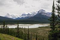 Immerhin...  Auf der Rückfahrt zum Rampart Creek CG halten wir noch an einem Lookout über dem Zusammenfluß des Howse-, North Saskatchewan- und Mistaya Rivers. Zwar ist es inzwischen wieder grau in grau, man sieht aber immerhin mal ein paar Berggipfel. Auch wenn der Sprit an der einzigen Tankstelle zwischen Jasper und Banff unverschämt teuer ist, füllen wir unseren Tank sicherheitshalber am Saskatchewan Crossing – der Einmündung des Davis Thompson Highways in den Icefields Parkway – auf. Dies war übrigens die einzige Tankstelle mit Bedienung auf unserer Tour – alle anderen Tankstellen funktionieren mittels Kreditkartenzahlung. Man gibt einen gewünschten Oberbetrag an der Tanksäule ein, steckt seine Karte in den Schlitz, wählt die Spritsorte und los geht's. Entweder stoppt dann der Tankvorgang, wenn der gewählte Betrag erreicht ist, oder wenn der Tank voll ist. Die Kreditkarte wird dann auch nur mit der tatsächlich erreichten Summe belastet. Eine weitere Taste veranlaßt den Quittungsdruck. Alles ganz easy...