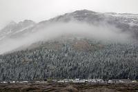 Nebelkrempe  Der Rückweg vom Parkplatz zum Icefields Parkway zeigt den Blick auf das örtliche Infozentrum, welches offensichtlich gut besucht ist. Obwohl wir selber nicht dort waren, soll die Ausstellung über den Athabasca Gletscher und das große Columbia Icefield ausgesprochen gut sein. Auch hier natürlich wieder mit den heute allgegenwärtigen Verweisen auf den "menschengemachten Klimawandel" und die kollektive Schuld der Menschheit an diesem Drama. Um das zu vertiefen, werden auch von hier aus ganze Busladungen mit Touristen auf den Gletscher geschaufelt – eine Praxis, die allerdings in Hinblick auf die angenommene 'Kollektivschuld' zumindest  kontraproduktiv erscheint...