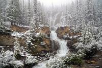 Tangle Creek Falls  Ein Name, den wahrscheinlich keiner kennt, denn dieses Flüßchen führt ein so unscheinbares Leben, bevor es nach kurzem Dasein in den Sunwapta River mündet, dass wir es wahrscheinlich bei 'normalem' Wetter neben dem HWY 93 niemals wahrgenommen hätten. Aber so zauberhaft mit einem Schneemantel drapiert, verdanken wir ihm heute das schönste Winterbild von unserem Sommerurlaub. : Tangle Creek Falls