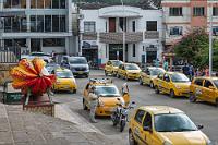 Yellow Cabs  Die Zimmer sind relativ klein und dunkel, dafür haben sie einen Balkon in den Innenhof mit Blick auf viel Grün und einen kleinen Pool. Sogar eine Hängematte haben wir im Zimmer. Zur Begrüßung gibt es einen leckeren kalten Orangensaft, und weil es sehr warm ist, der Schweiß von der Parkplatzbesteigung immer noch klebt, schnappt Maren sich ihren Bikini und kühlt sich erst mal im Pool ab. Nicht weit von San Vicente gibt es eine bekannte Vogelwarte, die wir unbedingt besuchen wollen, deren Anfahrt aber wegbedingt nicht ganz unproblematisch sein soll. Also versucht Maren im Hotel herauszufinden, ob wir nun morgen mit unserem eigenen Auto zur "Reserva Proaves Reinita Cielo Azul" fahren können, erfährt aber vorerst nur, dass man zwar keinen Guide benötigte, dieser aber sehr zu empfehlen sei. Aha! Ich möchte lieber im Hotel bleiben, aber Maren treibt es für einen kleinen Ortsbummel vor die Tür wo sie umgehend mit einer Ansammlung der allgegenwärtigen kleinen Taxen konfrontiert wird, die für relativ kleines Geld die Mobilität der vielen unmotorisierten Kolumbianer sicherstellen.