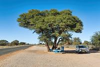 Kehrtwende  Es herrscht Linksverkehr! Rechts war aber der Rastplatz schöner, wie wir erst bemerkten, als wir ihn schon fast passiert hatten. Weswegen wir nicht in Fahrtrichtung parken und eine weitere Kehrtwende erforderlich ist, um wieder auf unsere, linke Fahrspur zu kommen.  Warnung: "Blauer" wird's nicht. Fotofreunde, die in der weiteren Folge auch mal dramatisch schwarzblaue Himmel erwarten, müssen wir als Realismus-Fans leider enttäuschen :-(  Und: Es gibt Landschaftsfotos, es gibt auch Großwild – der Schwerpunkt aber liegt, entsprechend meinen speziellen Vorlieben, bei den Vögeln! Nicht überrascht sein also, wenn es hier mehr flattert, als in anderen Namibia Fotosammlungen.  Zum Trost gibt es aber hier  unsere Reiseroute