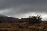 Morgengrauen  Das gestrige Abendessen im lodgeeigenen Restaurant war erstklassig und nach einer ruhigen Nacht wachen wir am Morgen erholt auf. Beim Blick aus dem Fenster werden wir erstmalig in Namibia mit nieseligem, wolkig-diesigem Wetter konfrontiert. Hier macht sich die relative Nähe der Atlantikküste bemerkbar, von der bei Westwind feuchte Luft weit ins Land hinein gedrückt wird.