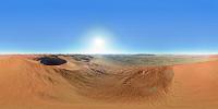 Sossusvlei Viewpoint  Der Wind hat endlich nachgelassen. Die bereits ausgebuchte Ballonfahrt hat nun sicherlich – wenn auch ohne uns – stattgefunden. Hoffentlich bleibt es auch bis morgen so...!  Nach einer umständlichen Anmeldeprozedur mit erstem Halt am Parktor, dann mit Ticket zum Verwaltungsgebäude, um gegen Bezahlung und Stempel zum Besuch lizenziert zu sein, sind wir endlich auf dem 60 km langen Weg hinein in die rote Dünenlandschaft.  360°   Pano